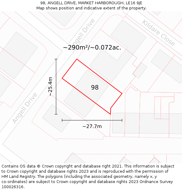 98, ANGELL DRIVE, MARKET HARBOROUGH, LE16 9JE: Plot and title map
