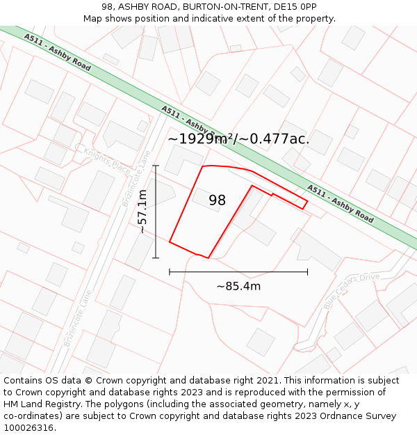 98, ASHBY ROAD, BURTON-ON-TRENT, DE15 0PP: Plot and title map