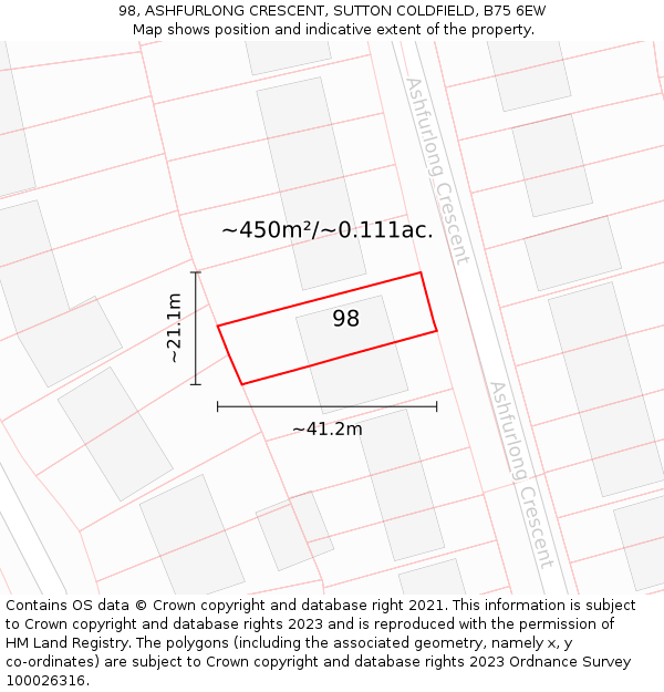 98, ASHFURLONG CRESCENT, SUTTON COLDFIELD, B75 6EW: Plot and title map