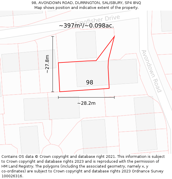 98, AVONDOWN ROAD, DURRINGTON, SALISBURY, SP4 8NQ: Plot and title map