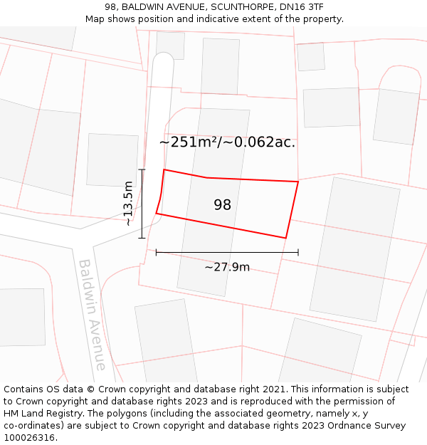 98, BALDWIN AVENUE, SCUNTHORPE, DN16 3TF: Plot and title map