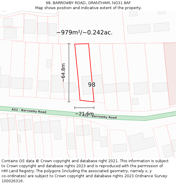 98, BARROWBY ROAD, GRANTHAM, NG31 8AF: Plot and title map