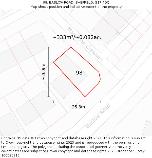 98, BASLOW ROAD, SHEFFIELD, S17 4DQ: Plot and title map
