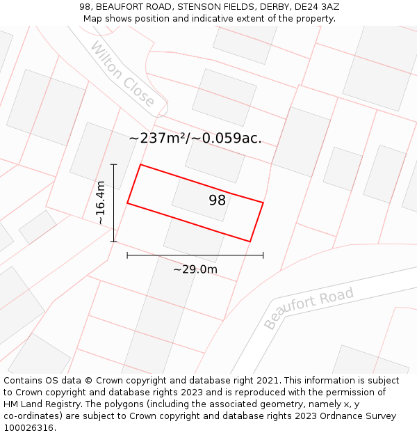 98, BEAUFORT ROAD, STENSON FIELDS, DERBY, DE24 3AZ: Plot and title map