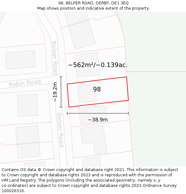 98, BELPER ROAD, DERBY, DE1 3EQ: Plot and title map