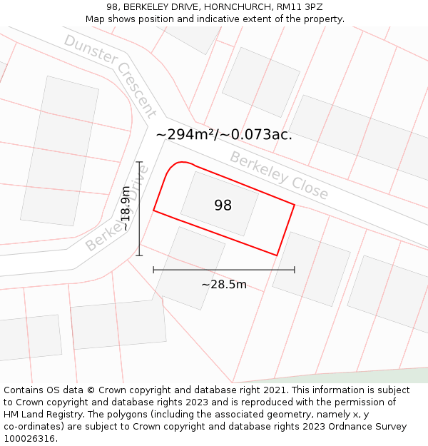 98, BERKELEY DRIVE, HORNCHURCH, RM11 3PZ: Plot and title map