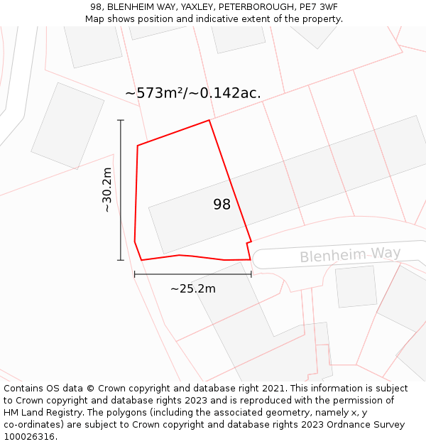 98, BLENHEIM WAY, YAXLEY, PETERBOROUGH, PE7 3WF: Plot and title map