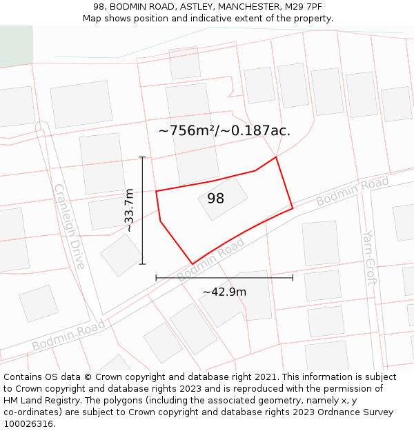 98, BODMIN ROAD, ASTLEY, MANCHESTER, M29 7PF: Plot and title map
