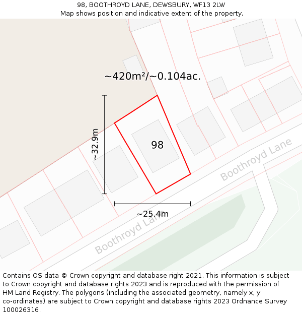98, BOOTHROYD LANE, DEWSBURY, WF13 2LW: Plot and title map