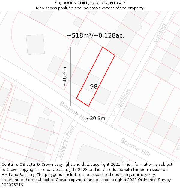98, BOURNE HILL, LONDON, N13 4LY: Plot and title map