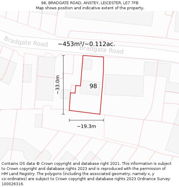 98, BRADGATE ROAD, ANSTEY, LEICESTER, LE7 7FB: Plot and title map