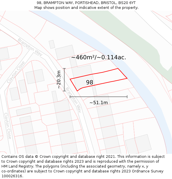 98, BRAMPTON WAY, PORTISHEAD, BRISTOL, BS20 6YT: Plot and title map