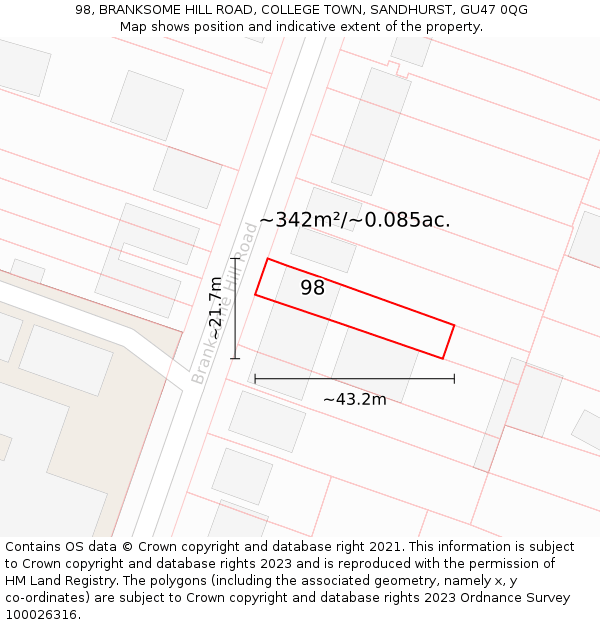 98, BRANKSOME HILL ROAD, COLLEGE TOWN, SANDHURST, GU47 0QG: Plot and title map