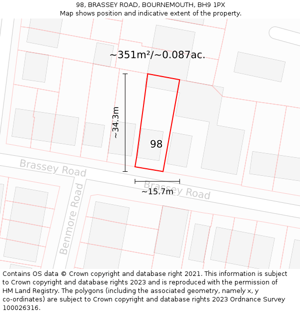 98, BRASSEY ROAD, BOURNEMOUTH, BH9 1PX: Plot and title map