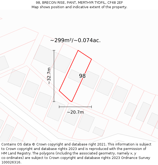 98, BRECON RISE, PANT, MERTHYR TYDFIL, CF48 2EF: Plot and title map