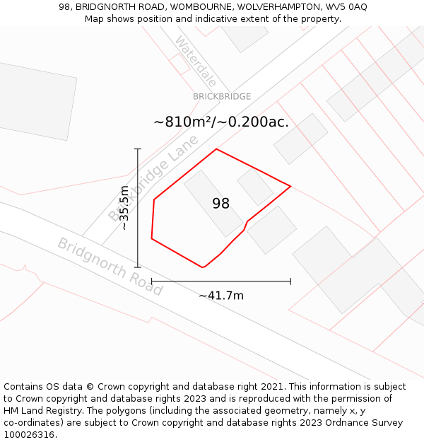 98, BRIDGNORTH ROAD, WOMBOURNE, WOLVERHAMPTON, WV5 0AQ: Plot and title map