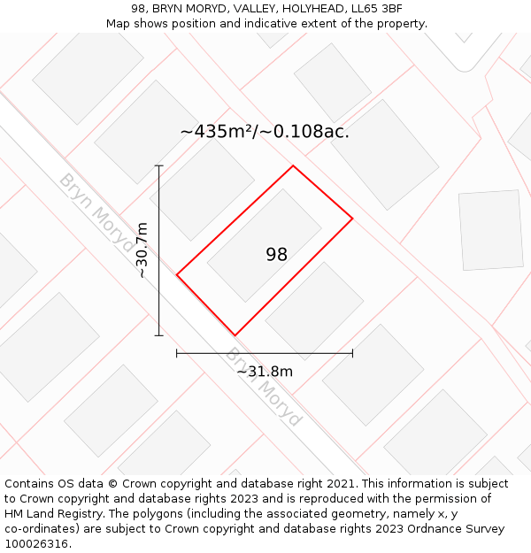 98, BRYN MORYD, VALLEY, HOLYHEAD, LL65 3BF: Plot and title map