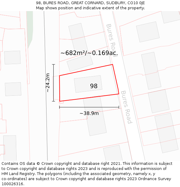 98, BURES ROAD, GREAT CORNARD, SUDBURY, CO10 0JE: Plot and title map