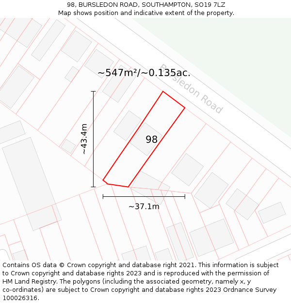 98, BURSLEDON ROAD, SOUTHAMPTON, SO19 7LZ: Plot and title map