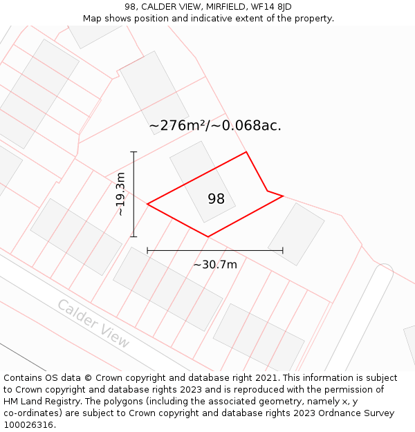 98, CALDER VIEW, MIRFIELD, WF14 8JD: Plot and title map