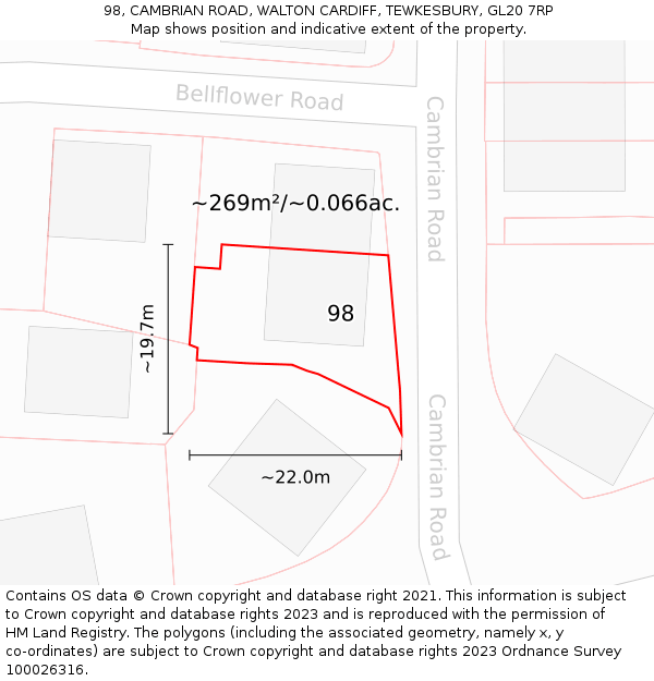 98, CAMBRIAN ROAD, WALTON CARDIFF, TEWKESBURY, GL20 7RP: Plot and title map