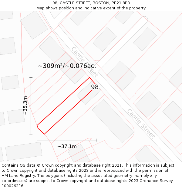 98, CASTLE STREET, BOSTON, PE21 8PR: Plot and title map