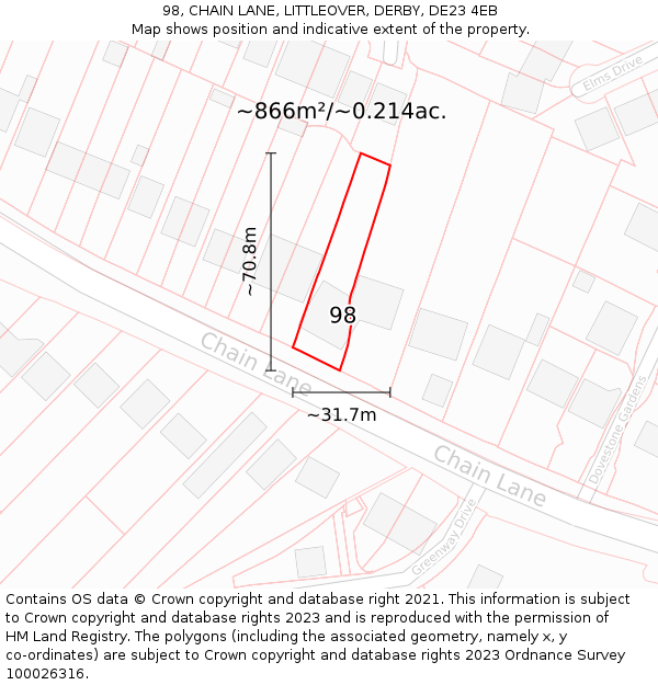 98, CHAIN LANE, LITTLEOVER, DERBY, DE23 4EB: Plot and title map