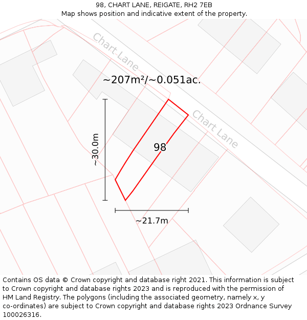 98, CHART LANE, REIGATE, RH2 7EB: Plot and title map