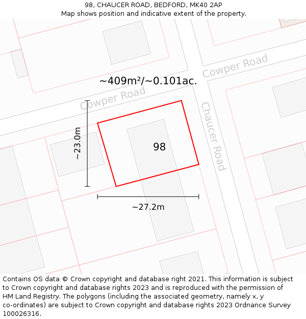 98, CHAUCER ROAD, BEDFORD, MK40 2AP: Plot and title map