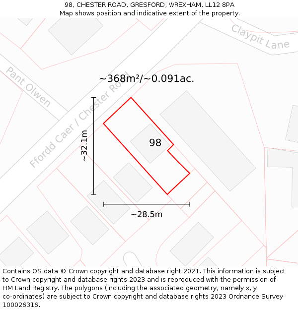98, CHESTER ROAD, GRESFORD, WREXHAM, LL12 8PA: Plot and title map