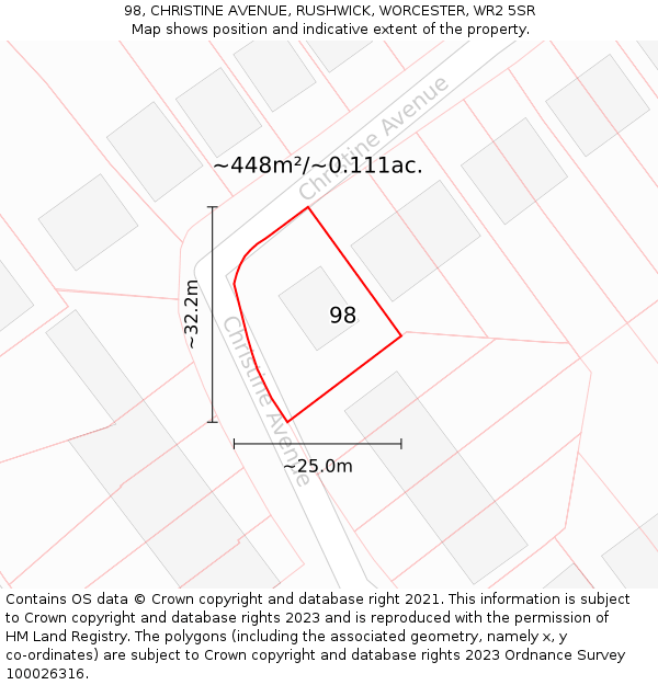 98, CHRISTINE AVENUE, RUSHWICK, WORCESTER, WR2 5SR: Plot and title map