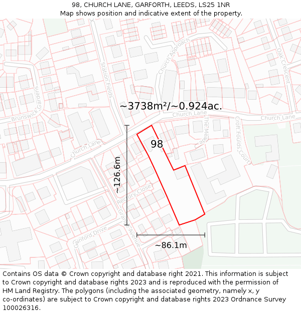 98, CHURCH LANE, GARFORTH, LEEDS, LS25 1NR: Plot and title map