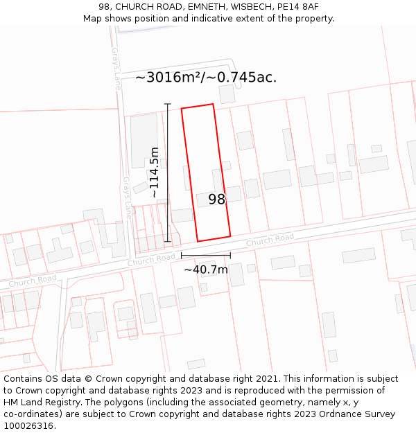98, CHURCH ROAD, EMNETH, WISBECH, PE14 8AF: Plot and title map