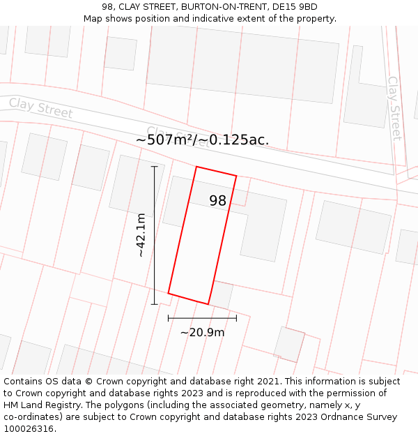98, CLAY STREET, BURTON-ON-TRENT, DE15 9BD: Plot and title map