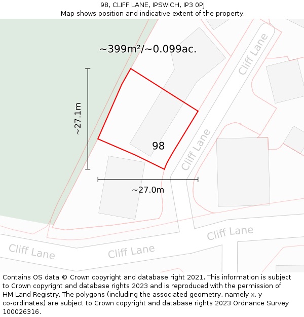 98, CLIFF LANE, IPSWICH, IP3 0PJ: Plot and title map
