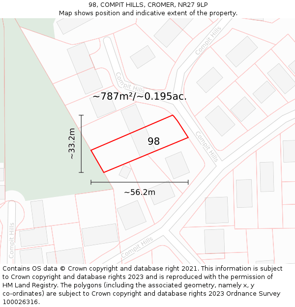 98, COMPIT HILLS, CROMER, NR27 9LP: Plot and title map