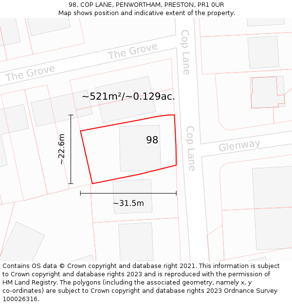 98, COP LANE, PENWORTHAM, PRESTON, PR1 0UR: Plot and title map