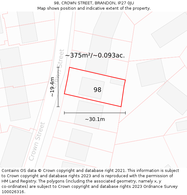 98, CROWN STREET, BRANDON, IP27 0JU: Plot and title map