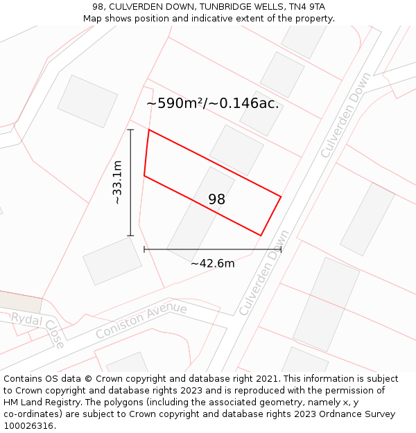 98, CULVERDEN DOWN, TUNBRIDGE WELLS, TN4 9TA: Plot and title map