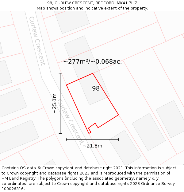 98, CURLEW CRESCENT, BEDFORD, MK41 7HZ: Plot and title map