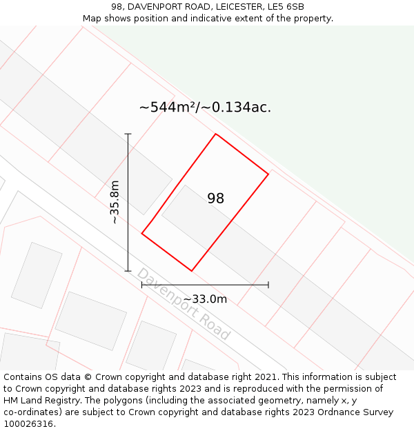 98, DAVENPORT ROAD, LEICESTER, LE5 6SB: Plot and title map
