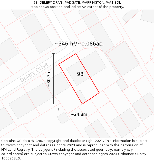 98, DELERY DRIVE, PADGATE, WARRINGTON, WA1 3DL: Plot and title map