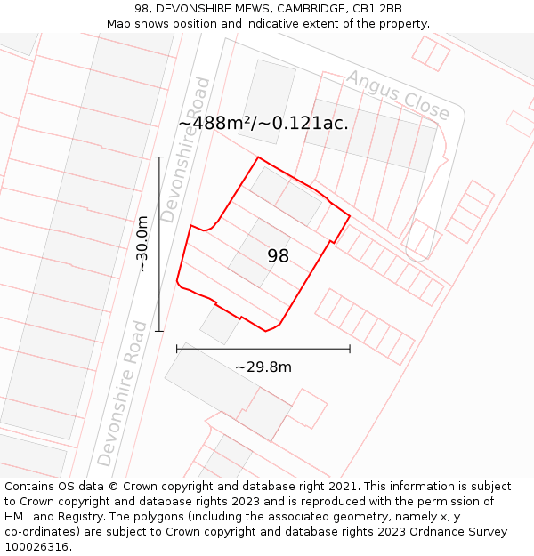 98, DEVONSHIRE MEWS, CAMBRIDGE, CB1 2BB: Plot and title map