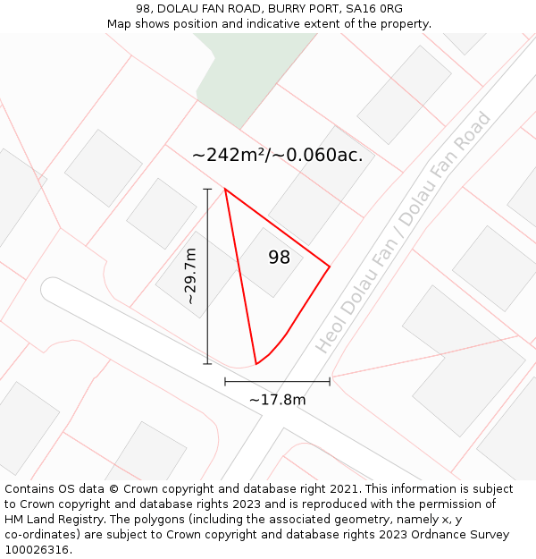 98, DOLAU FAN ROAD, BURRY PORT, SA16 0RG: Plot and title map