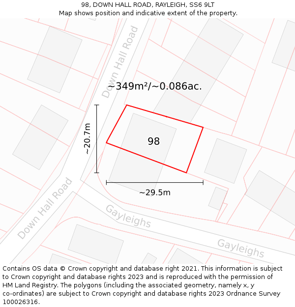98, DOWN HALL ROAD, RAYLEIGH, SS6 9LT: Plot and title map