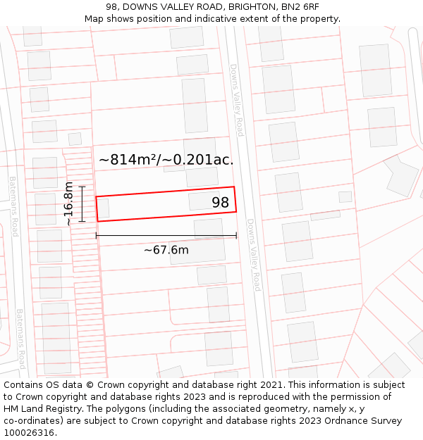 98, DOWNS VALLEY ROAD, BRIGHTON, BN2 6RF: Plot and title map