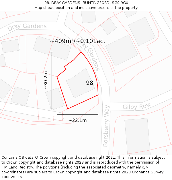 98, DRAY GARDENS, BUNTINGFORD, SG9 9GX: Plot and title map