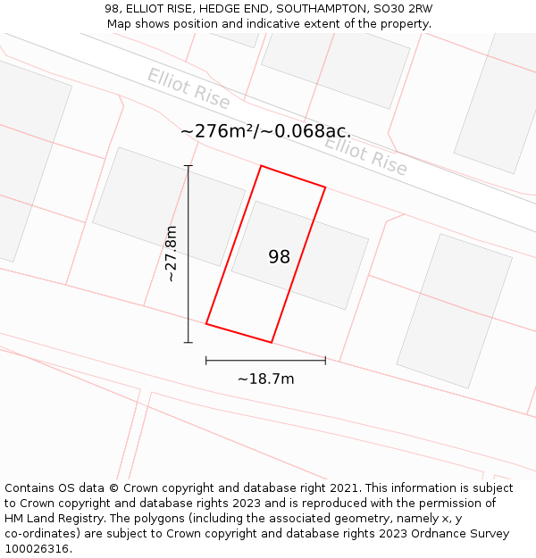 98, ELLIOT RISE, HEDGE END, SOUTHAMPTON, SO30 2RW: Plot and title map