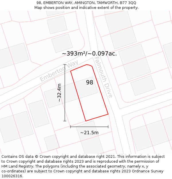 98, EMBERTON WAY, AMINGTON, TAMWORTH, B77 3QQ: Plot and title map