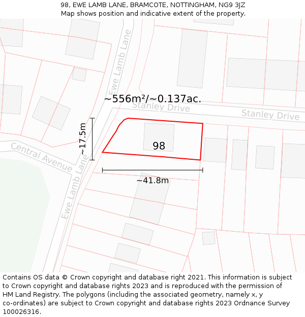 98, EWE LAMB LANE, BRAMCOTE, NOTTINGHAM, NG9 3JZ: Plot and title map